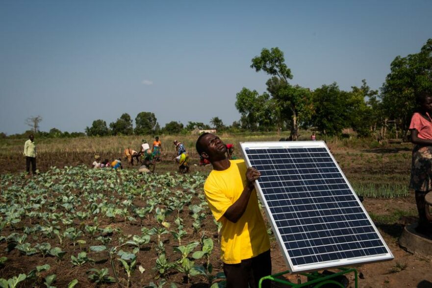 Um homem de origem africana, segurando um painel solar em frente a uma plantação. Ele usa camiseta amarela e tem mais umas 12 pessoas fazendo outras atividades