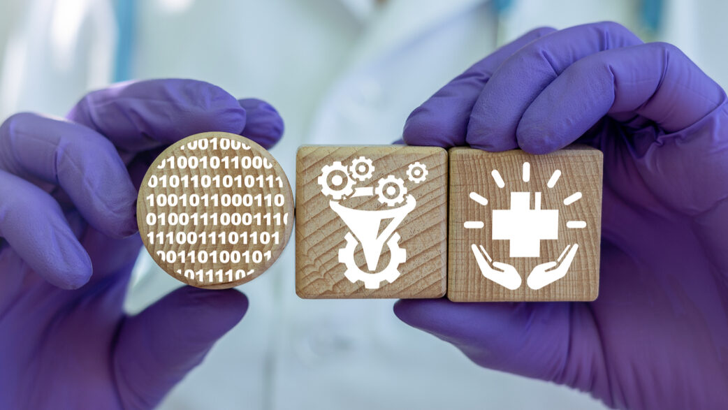 blocos de madeira com imagens de dados, algoritmo e símbolo da saúde