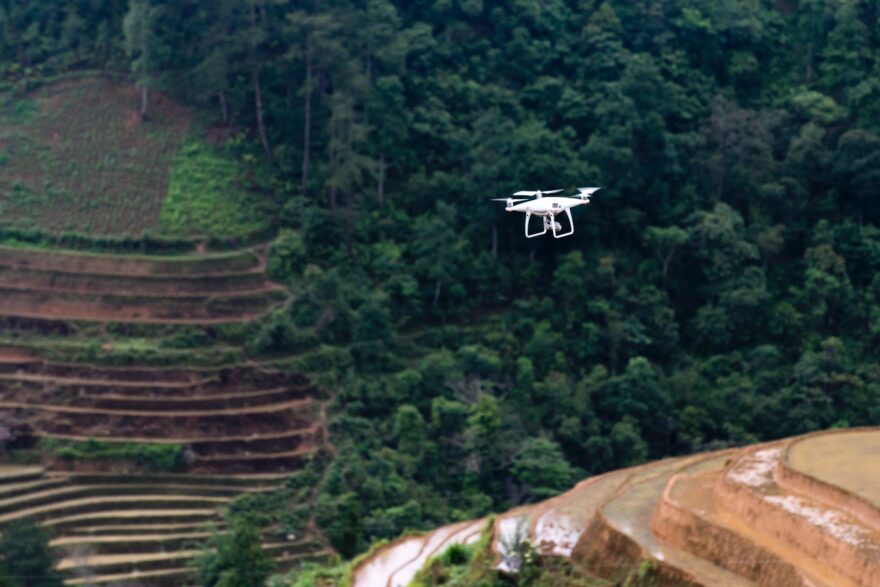 drone sobrevoa fazenda com árvores altas e áreas descampadas