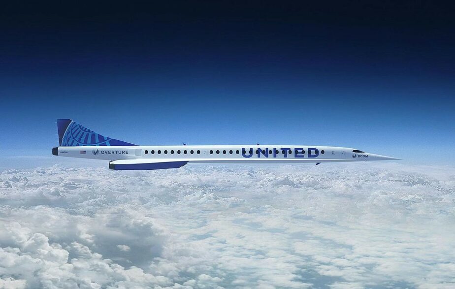 vista lateral do jato supersônico Overture encomendado pela United Airlines