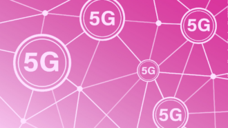 círculos com 5G dentro conectados em fundo rosa