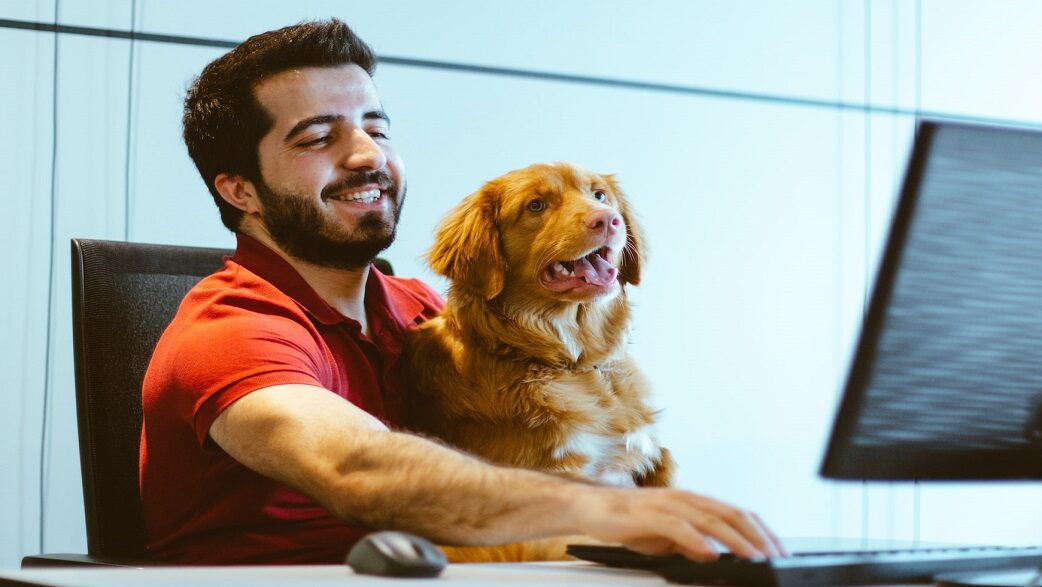 Imagem mostra um homem branco com um cachorro de cor caramelo no colo enquanto usa um computador