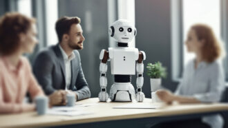 A robot working in a modern office with real people. Ai artificial intelligence technology at work. Generative ai