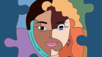 ilustração mostra uma mulher estilizada composta por peças coloridas de um quebra-cabeças